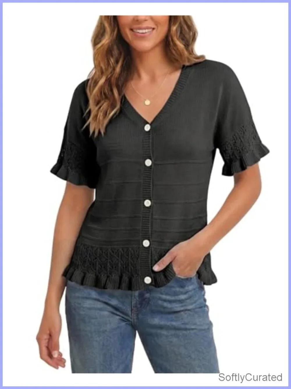Crochet Peplum Ruffled Short Sleeve Cardigan V-Neck Button Down Blouse